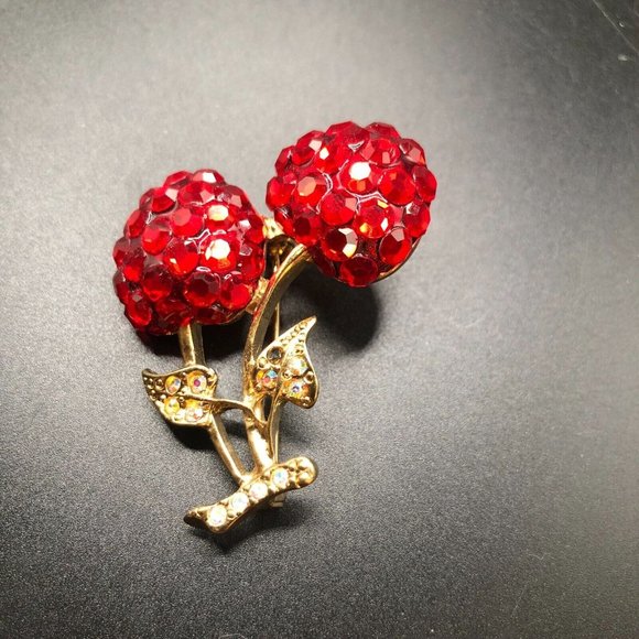 Vintage Signed Suzanne Bjontegard Faux Ruby Red Cherries Brooch FLAW - Picture 10 of 10